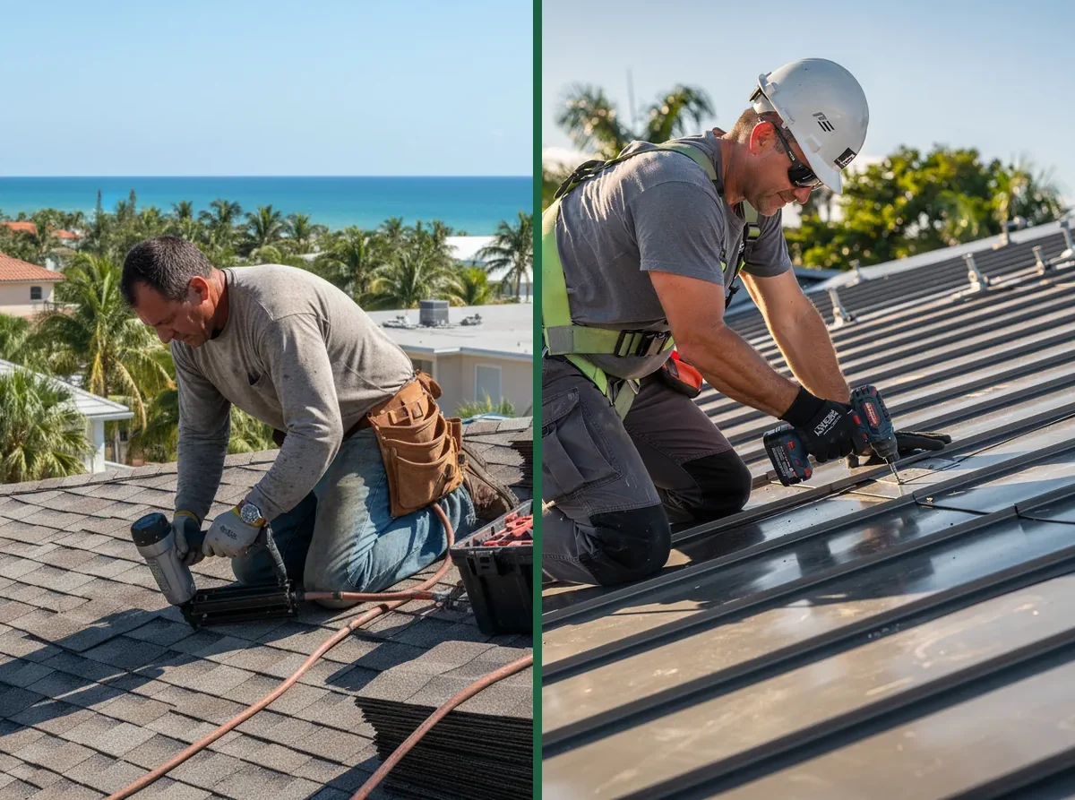 Asphalt shingle roof installation compared with standing seam metal roofing in West Palm Beach, FL